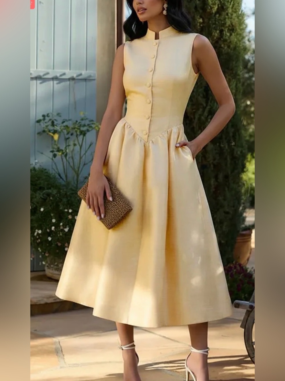 Sleeveless Pale Yellow Button-Front Midi Dress #402 - Picture 6 of 10